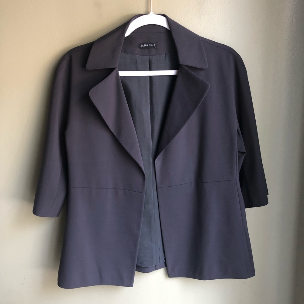 EILEEN FISHER Women's Open-front Cropped-Sleeve Gray Blazer Size: S